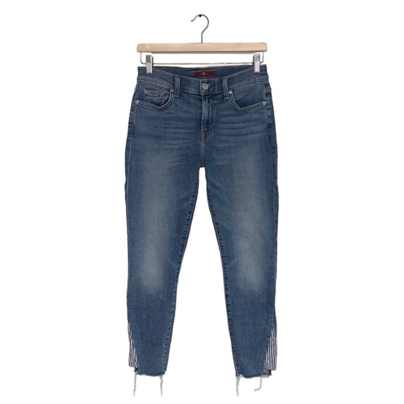 7 for  all Mankind Slim‎ Straight Jeans Stretch Raw Hem Striped Women's Size 27 - Picture 1 of 8